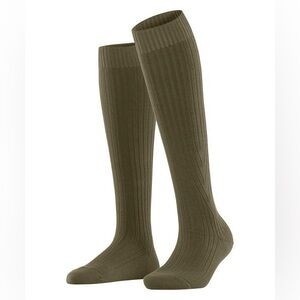 Falke Ribbed Cross Knit Olive Green Knee-High Socks NWOT Organic Cotton/Wool